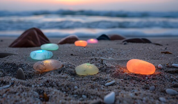 Photo colored lights on the beach at sunset