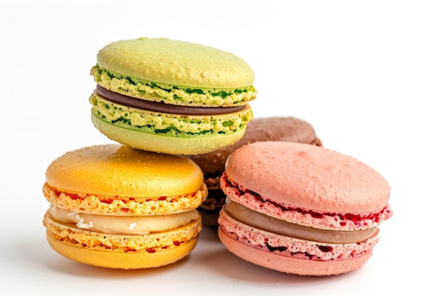 Photo colored macaroons red green yellow chocolate on a white background