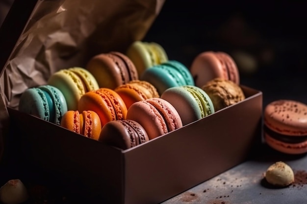 Colored macaroons in a wooden box Gift Macarons Copy space Generative AI