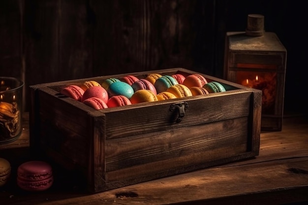 Colored macaroons in a wooden box Gift Macarons Copy space Generative AI