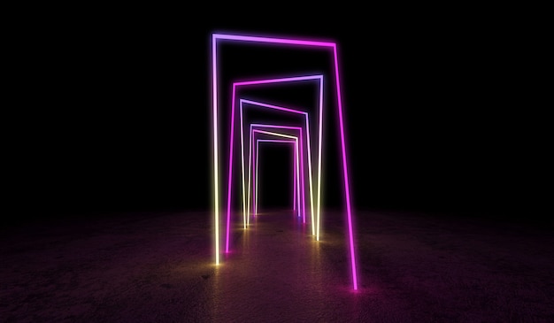 暗闇の中で色付きのネオン光るトンネル