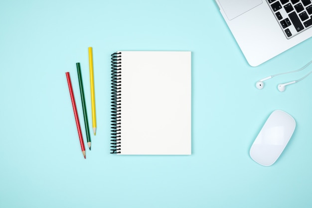 Colored office desk table with equipment