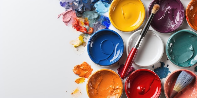 Colored paint brushes in front of white background