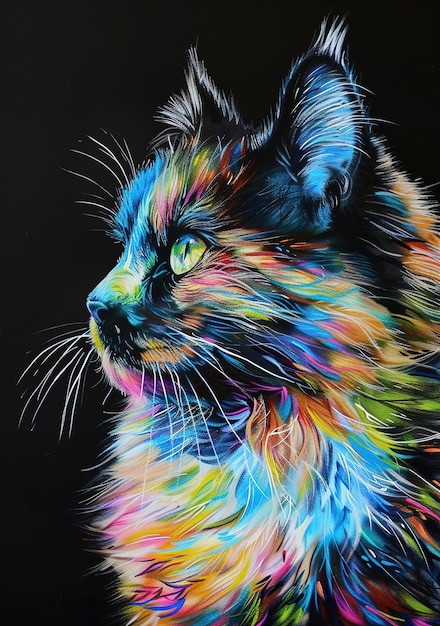цветная нарисованная кошка на черном