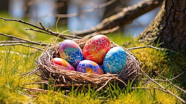 Colored painted Easter eggs in a nest on a forest glade in the grass on a bright sunny day