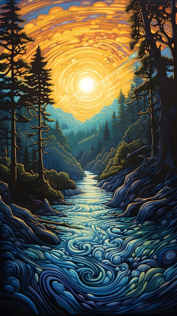 colored painting of a river in a forest