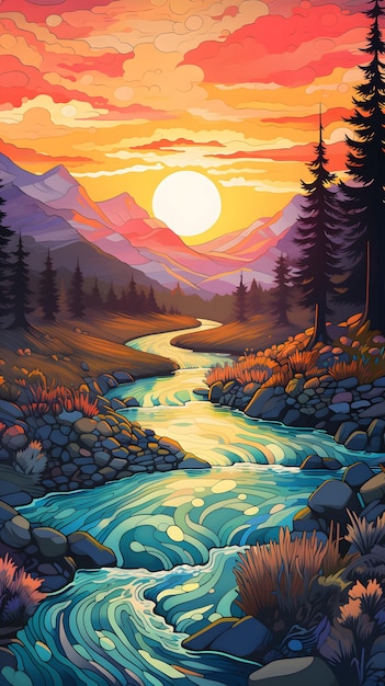 colored painting of a river in a forest