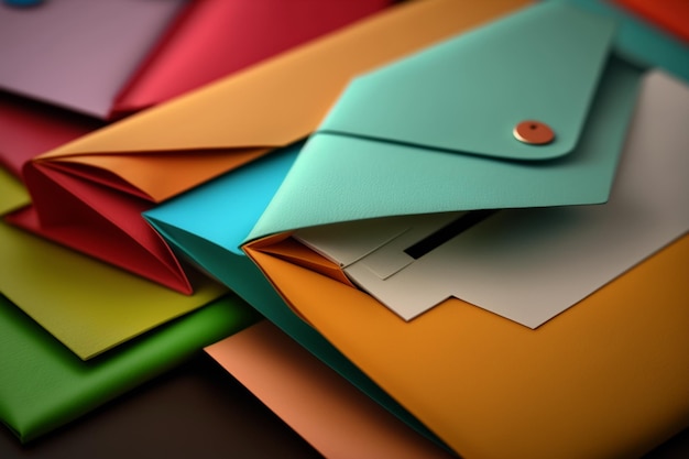 Цветной бумажный конверт на столе Конверт или конверт - это покрытие из бумаги или другого материала для хранения писем, документов или любого другого типа материалов, отправляемых по почте.