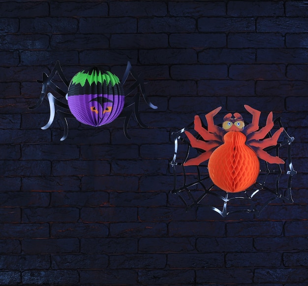 Photo colored paper halloween spider on black brick wall