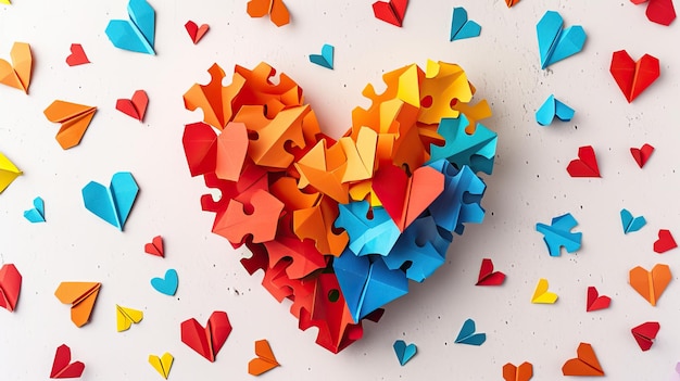 컬러 종이 오리가미 동상과 퍼즐은 자폐증의 상징인 심장 모양을 형성합니다.
