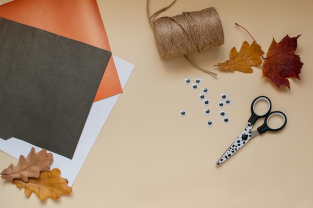Colored paper, scissors, jute and toy eyes for making Halloween crafts