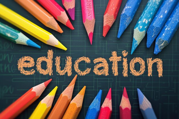 Photo colored pencils aligned in a row with the word education written above on a dark background symbolizing learning and creativity