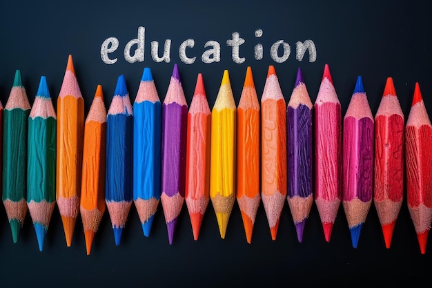 Colored pencils aligned in a row with the word Education written above on a dark background symbolizing learning and creativity