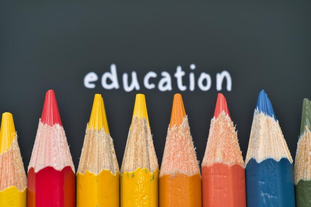 Colored pencils aligned in a row with the word Education written above on a dark background symbolizing learning and creativity