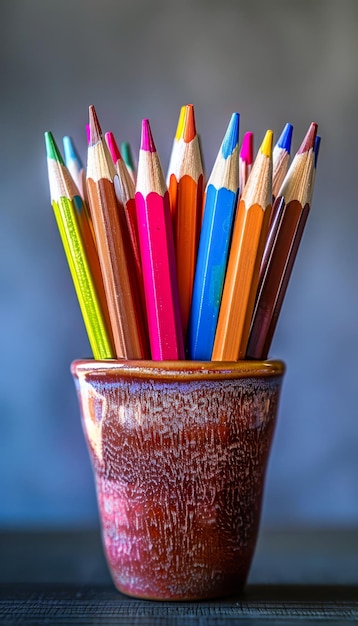 Colored pencils in cup on dark background