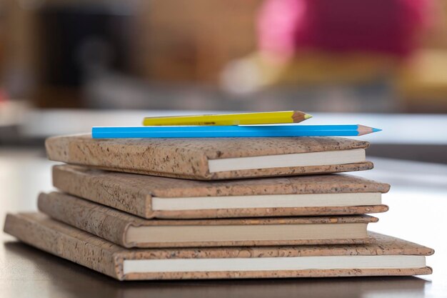 Colored pencils on notebooks with cork caps