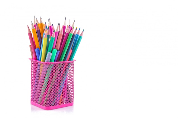 Colored pencils in a pink basket