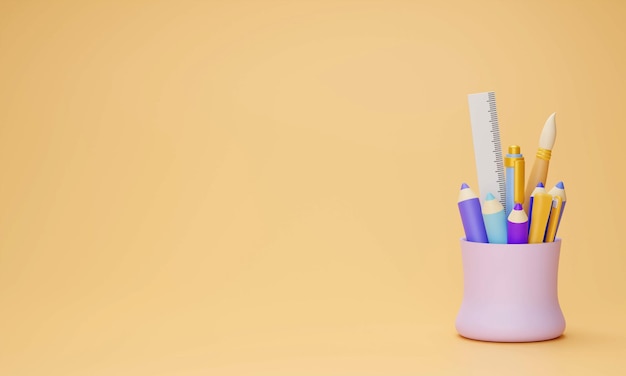 Colored pencils ruler in basket isolated on yellow background