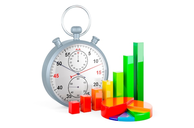 Colored pie chart and bar graph with stopwatch Time management concept 3D rendering