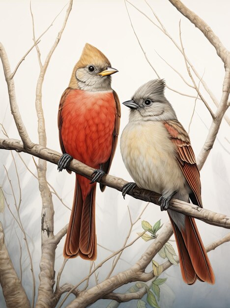 Colored portrait illustration birds couple perched on a branch still