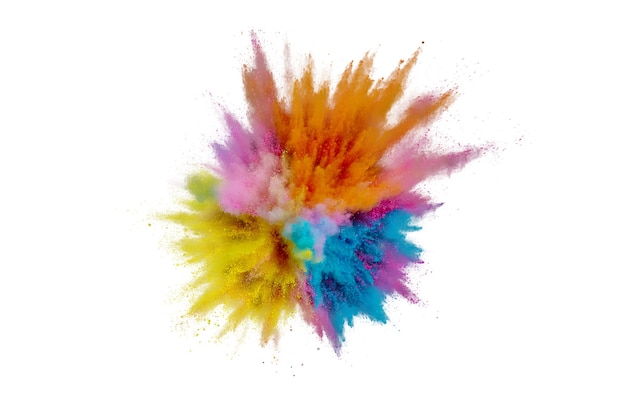 Colored powder explosion. Abstract closeup dust on backdrop. Colorful explode. Paint holi