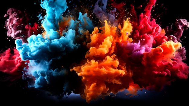 Colored powder explosion Abstract closeup dust on backdrop Colorful explode Paint holi