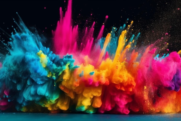 Colored powder explosion on black background Colorful dust cloud generative ai