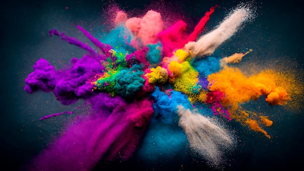 Esplosione di polvere colorata isolata su sfondo nero movimento congelato paint holi ai generato