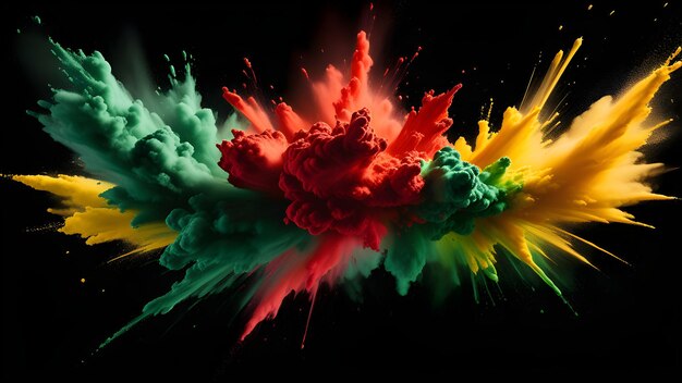 Colored powder explosion splash red yellow green color powder black background Black history month