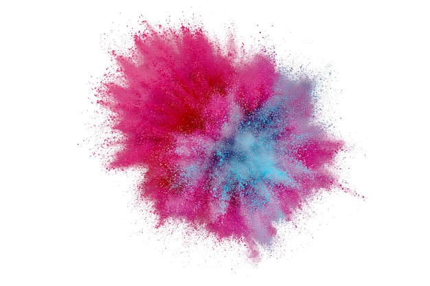 Colored powder explosion on white background. Abstract closeup dust on backdrop. Colorful explode. Paint holi