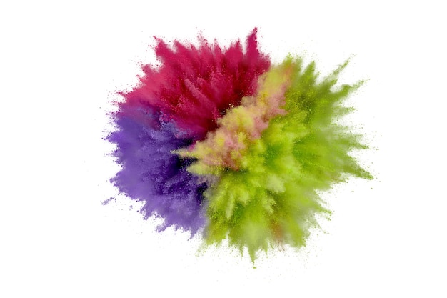흰색 바탕에 색된 분말 폭발입니다. 배경에 추상 근접 촬영 먼지입니다. 다채로운 폭발. 페인트 홀리