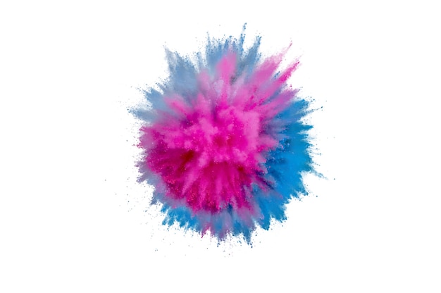 Colored powder explosion on a white background. Abstract closeup dust on backdrop. Colorful explode. Paint holi