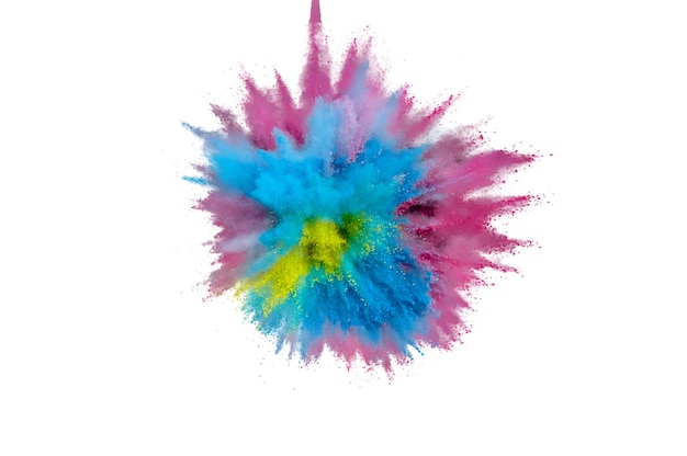 Colored powder explosion on a white background. Abstract closeup dust on backdrop. Colorful explode. Paint holi