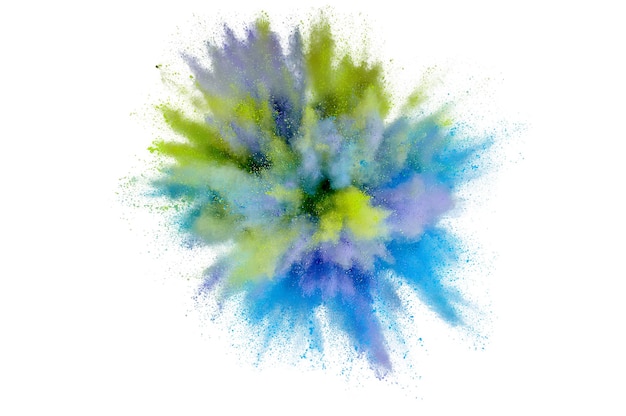 Colored powder explosion on a white background. Abstract closeup dust on backdrop. Colorful explode. Paint holi