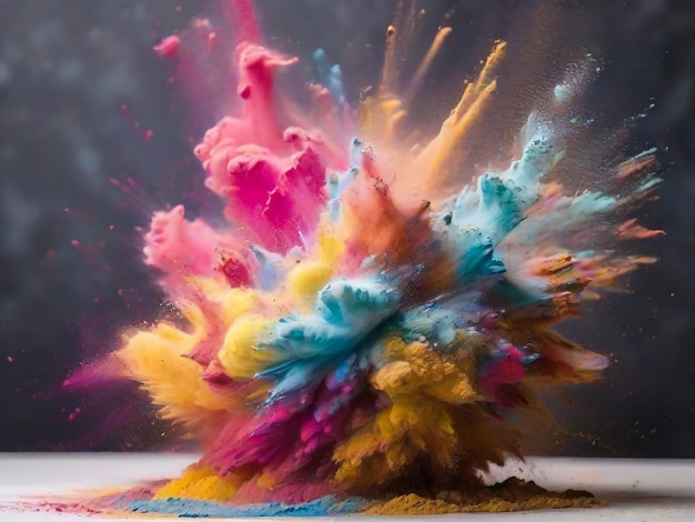 Colored powder explosion on a white background Abstract closeup dust on backdrop Colorful explode