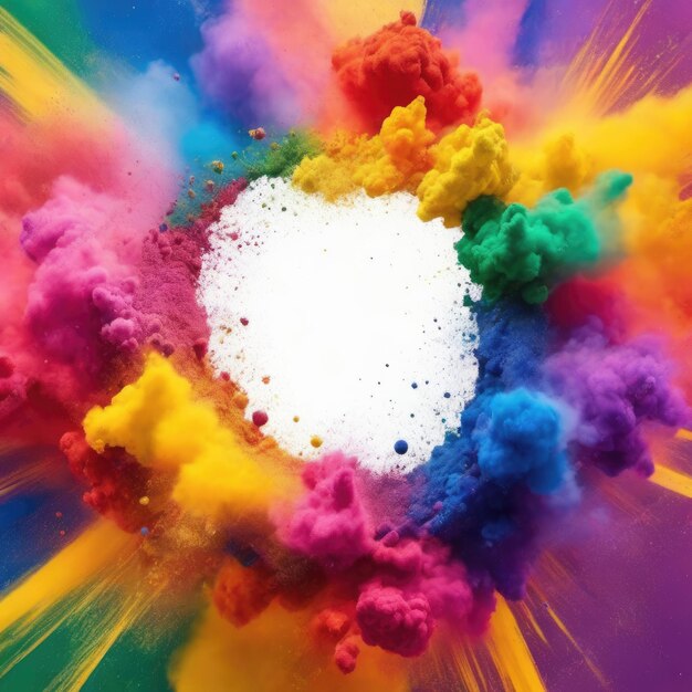 Colored powder explosion on a white background Colorful explode Paint holi