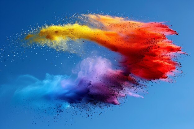 Colored powder flying through the air during the Holi Festival of Colors copy space