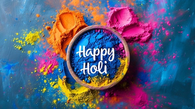 Photo colored powder paints for festive celebrations with happy holi wishes
