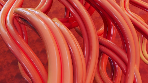 赤い背景に色付きの赤いワイヤー抽象的な湾曲した赤いケーブル3Dレンダリング