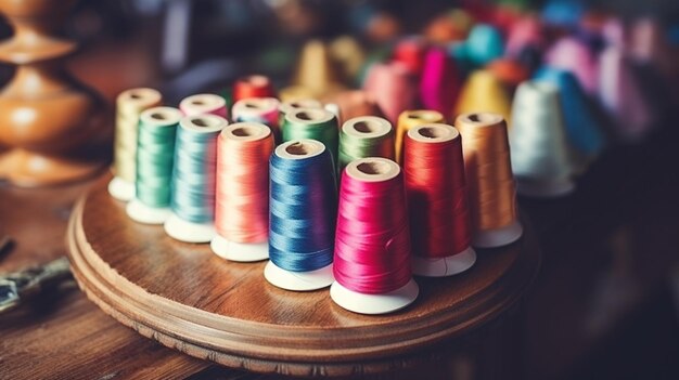 Colored sewing threads on a old work table with impressional feel