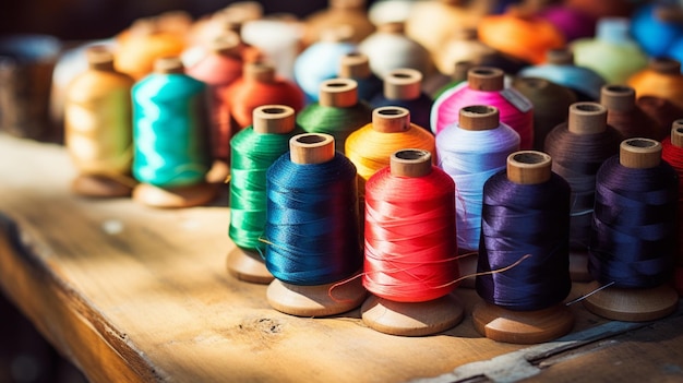 Colored sewing threads on a old work table with impressional feel