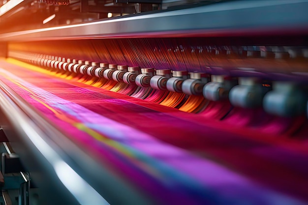 Photo colored silk threads on the machines in the textile workshop ai technology generated image