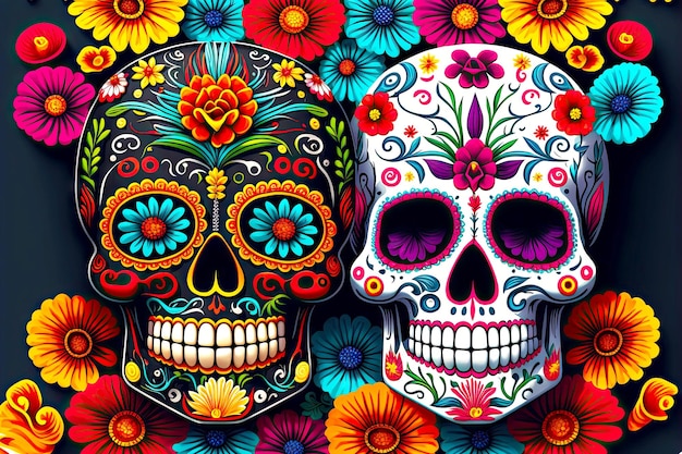 Colored skull with flowers with rich bright ornamentation for religious rituals