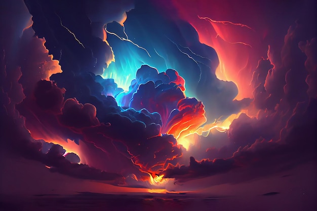 Colored sky and bunch of cloud Sunrise with colored clouds and sunshine evening cloudy heaven panorama Morning landscape Beautiful cloudscape with fluffy cumulus colorful twilight Ai generative