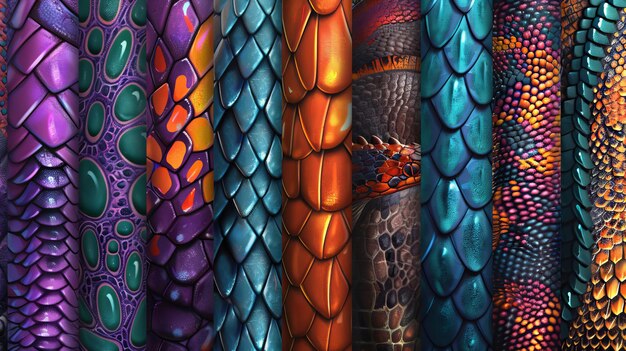 Foto texture colorate di pelle di serpente per gli sfondi dei giochi set di modelli senza cuciture con stampe di pelle di animali selvatici materiale di moda di lusso di rettili lucertole o serpenti