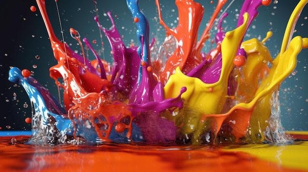 Colored spilling paint in motion Splashes and drops of paint Abstract dynamic bright background