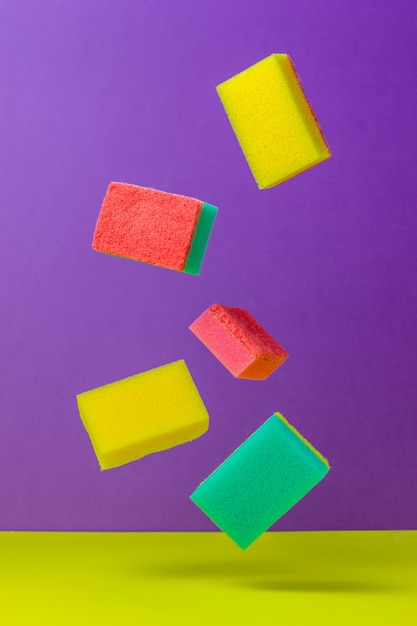 Photo colored sponges for washing dishes. cleaning.