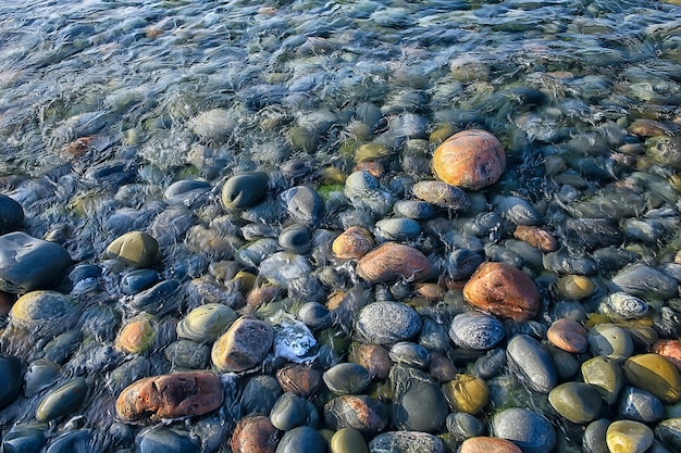 写真 海の周りの色の石/テクスチャ濡れた丸い石、濡れたマルチカラーの夏の背景