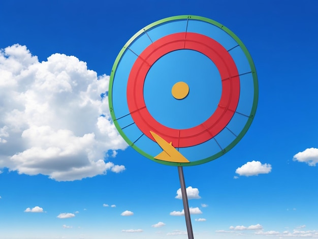 Цветная целевая доска с стрелами на солнце на фоне голубого неба с небольшими облаками 3D иллюстрация