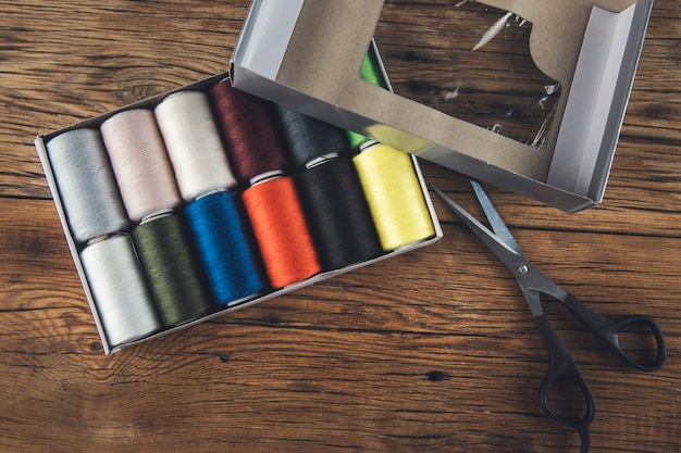 Colored thread coils and scissors on the table